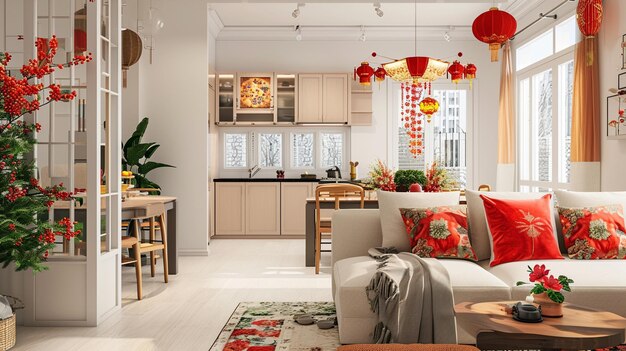 interior de uma casa aconchegante interior brilhante com decorações de ano novo lunar chinês Generative Ai