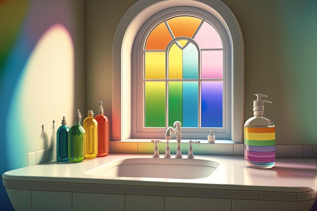 Interior de uma casa de banho com uma janela de casa de banho colorida e um dispensador de sabão