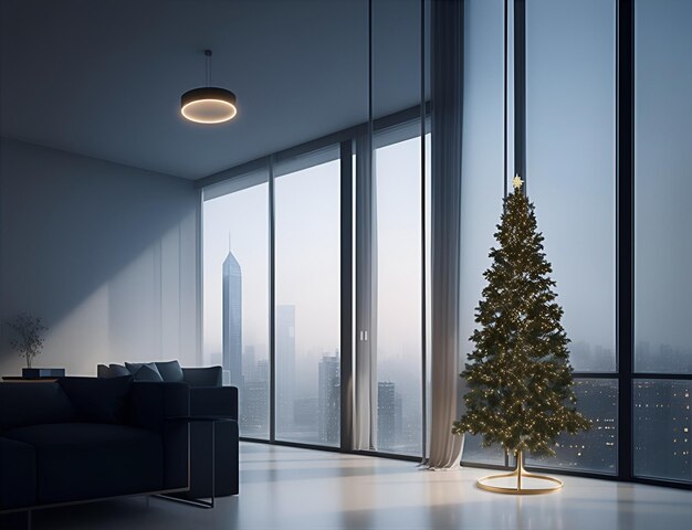 Foto interior de uma casa moderna decorada para o natal com uma bela árvore de natal