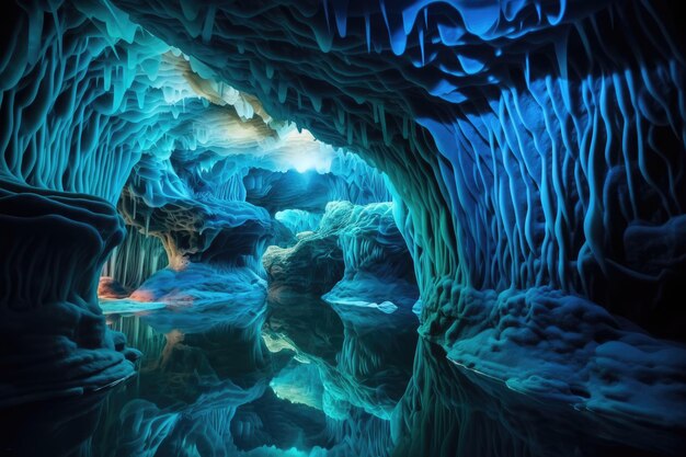 Interior de uma caverna azul com estalactites e icebergs Um sistema de caverna subaquática hipnotizante cheio de formações estalactíticas impressionantes criaturas bioluminescentes e câmaras escondidas AI Gerado