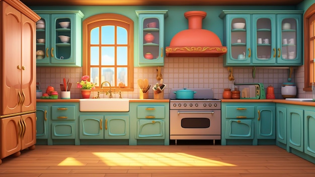 interior de uma cozinha em 3D desenho animado de fundo vazio