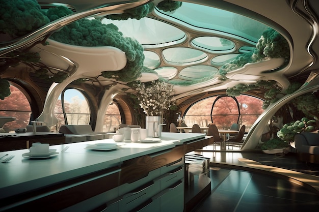 Foto interior de uma cozinha moderna e futurista com plantas verdes ilustração generativa ai