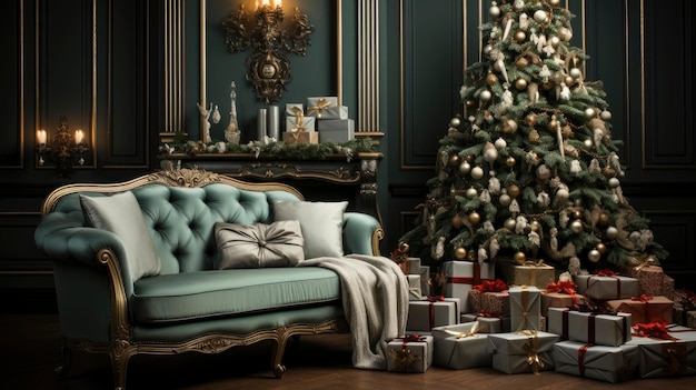 Interior de uma elegante sala de estar adornada com uma árvore de Natal e presentes de Natal