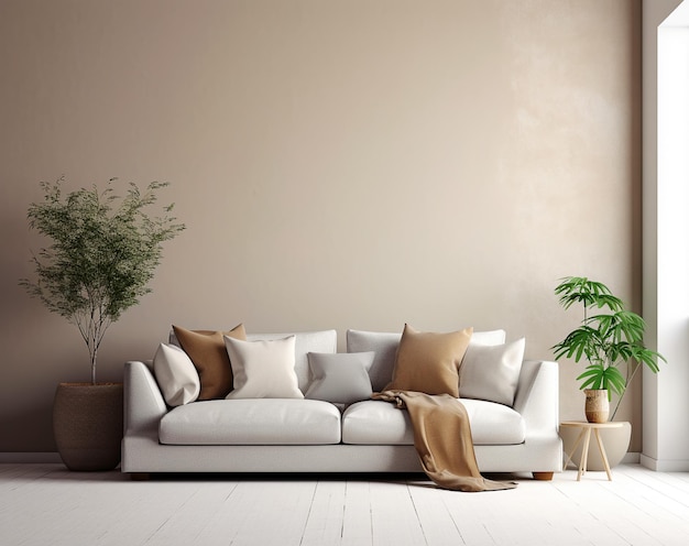 Interior de uma elegante sala de estar com flor de sofá em vaso e maquete de molduras gerada por IA