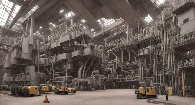 Interior de uma fábrica industrial com máquinas e tubos de aço