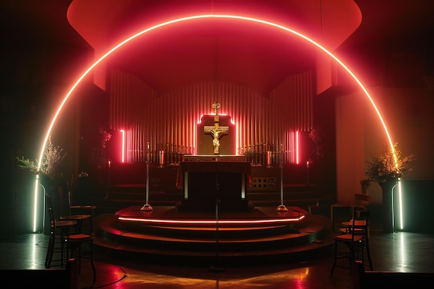 Interior de uma igreja com luz vermelha e luz de néon vermelha