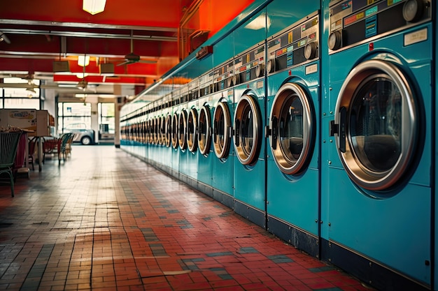 Interior de uma lavanderia com balcão e máquinas de lavar roupa Uma fileira de máquinas de lavar roupa industriais em uma lavanderia pública
