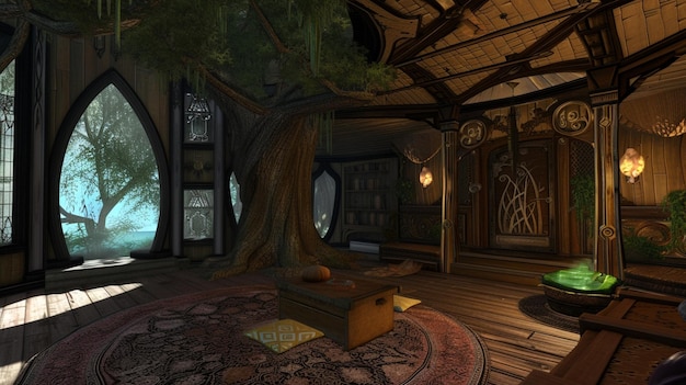 Interior de uma linda sala de retiro dos elfos Generative Ai
