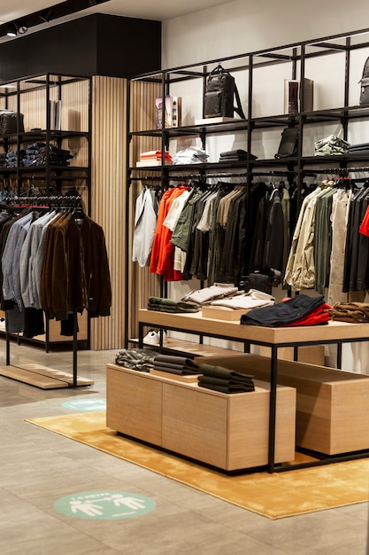 Foto interior de uma loja de roupas masculinas. moda, estilo e elegância. vertical.