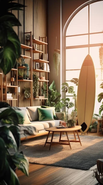 Interior de uma luminosa sala de estar com uma prancha de surf Generative AI