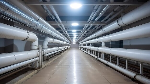 Foto interior de uma moderna estação de tratamento de água com tubos e passarelas