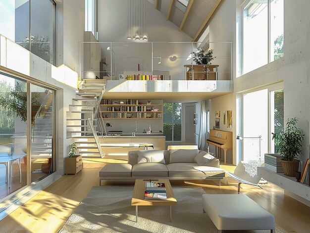Interior de uma pequena casa moderna com um mezanino com cama e uma sala de estar com cozinha