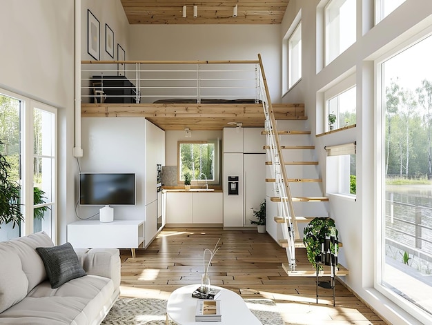 Interior de uma pequena casa moderna com um mezanino com cama e uma sala de estar com cozinha