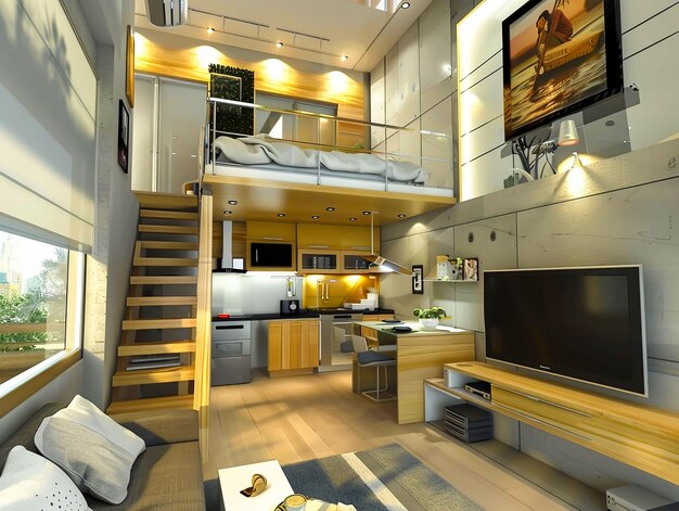 Foto interior de uma pequena casa moderna com um mezanino com cama e uma sala de estar com cozinha