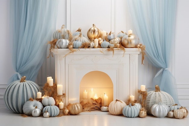 Interior de uma sala branca com uma lareira e velas e abóboras douradas Decoração da casa de outono