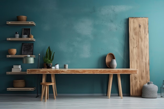 Interior de uma sala com fundo de parede azul e prateleira de madeira com decorações