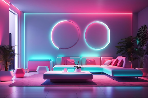 Interior de uma sala com iluminação neon renderização em 3D