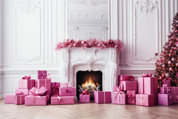 Interior de uma sala com lareira, caixas de presente rosa e uma árvore de Natal