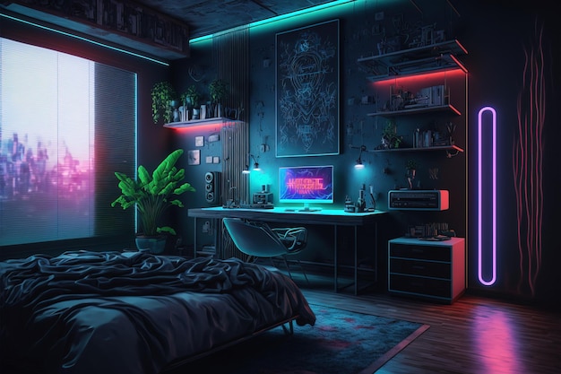 interior de uma sala com mesa de jogos de efeito neon e telas generativas ai