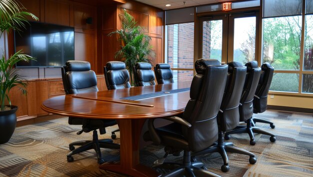 Foto interior de uma sala de conferências moderna com mesa de madeira e cadeiras pretas