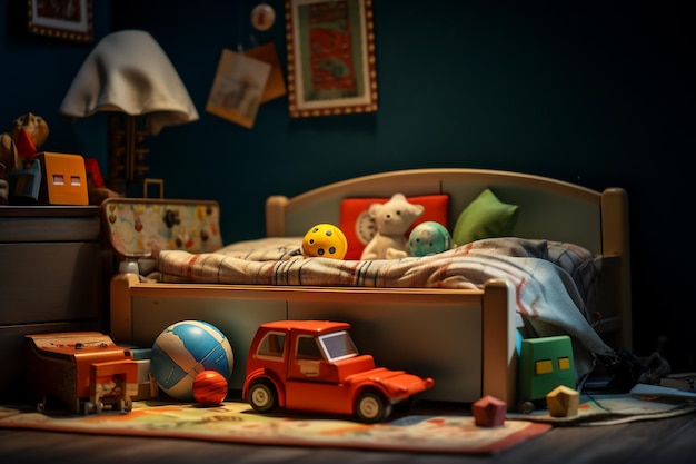 Foto interior de uma sala de crianças com brinquedos