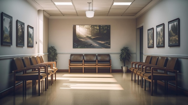 Foto interior de uma sala de espera com duas cadeiras verdes e uma foto na parede generative ai