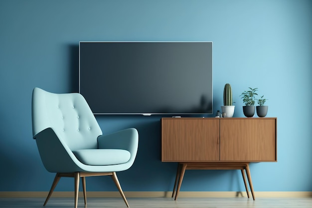 Interior de uma sala de estar clara com poltrona em um fundo de parede azul em branco Cabinet TV na sala de estar contemporânea