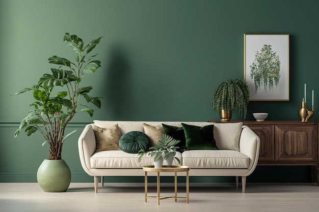 Interior de uma sala de estar com uma mesa de madeira em frente a um sofá bege contra uma parede verde e uma maquete