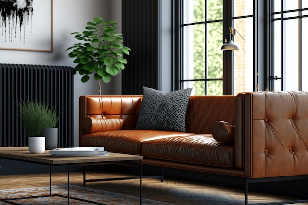 Interior de uma sala de estar contemporânea com um elegante sofá de couro