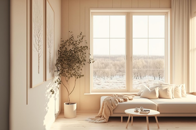 Interior de uma sala de estar minimalista bege com piso de madeira, decorações de sofá e janela com vista para uma paisagem branca Ilustração nórdica de design de interiores