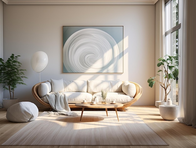Foto interior de uma sala de estar minimalista moderna com sofá e grande janela