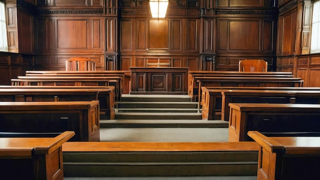 Interior de uma sala de julgamento vazia conceito de baixa e ordem