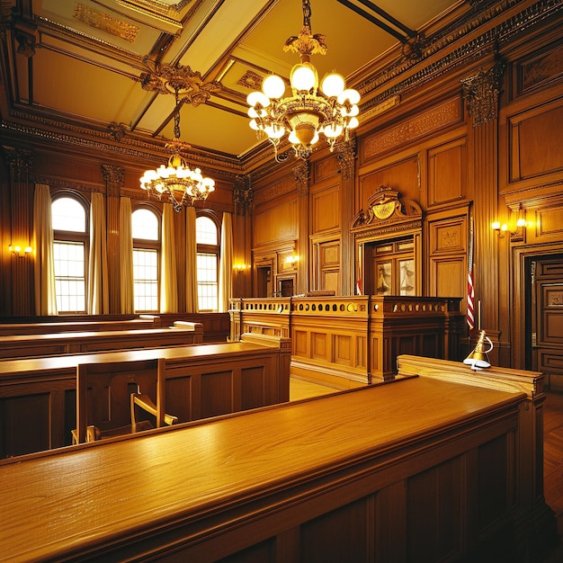 Foto interior de uma sala de julgamento