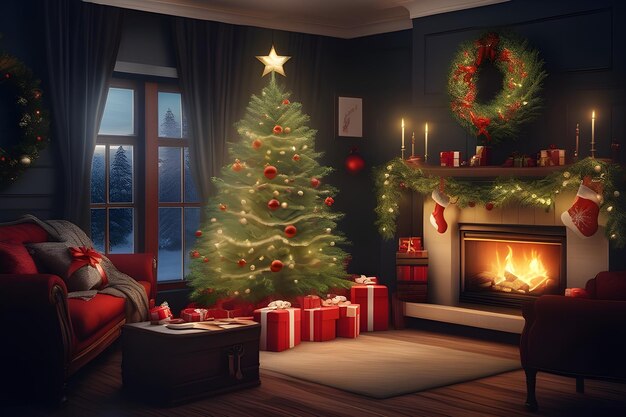 Interior de uma sala elegante com lareira, árvore de Natal e luzes brilhantes