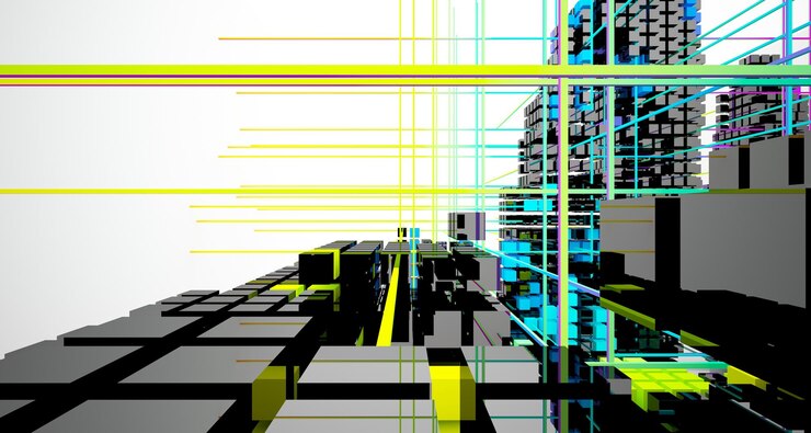 Foto interior degradado blanco y coloreado abstracto de cubos de matriz con ilustración 3d de ventana grande