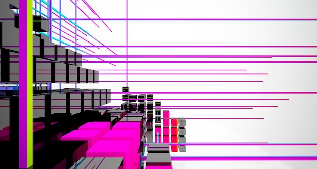 Interior degradado blanco y coloreado abstracto de cubos de matriz con ilustración 3D de ventana grande
