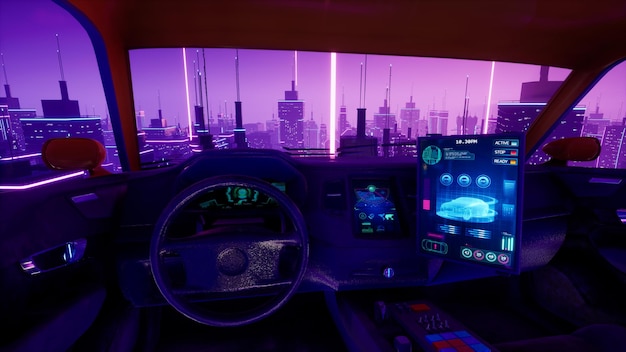 Interior delantero del coche de transporte futurista con representación 3d de la ciudad del metaverso