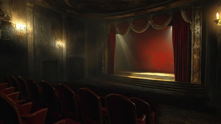El interior en descomposición de un teatro antiguo con asientos de terciopelo rojo y un escenario con poca luz