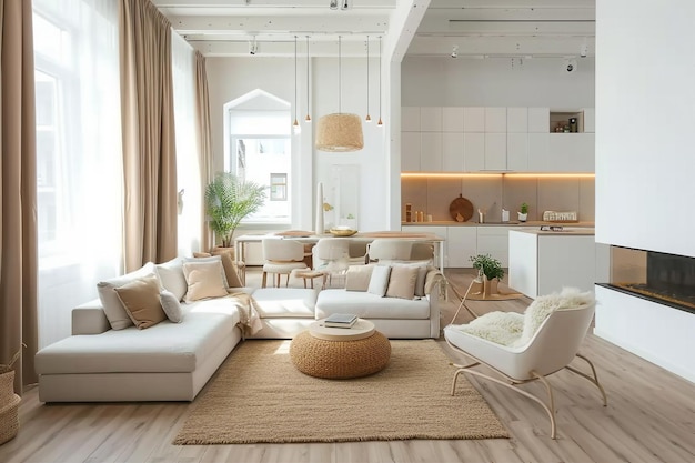 interior design espaçoso apartamento de estúdio brilhante em estilo escandinavo e cálido pastel branco e cores bege móveis de moda na área de estar e detalhes modernos generativo ai