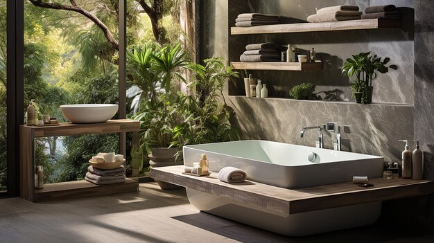 Foto interior_design_of_modern_bathroom_with_greenery_cre