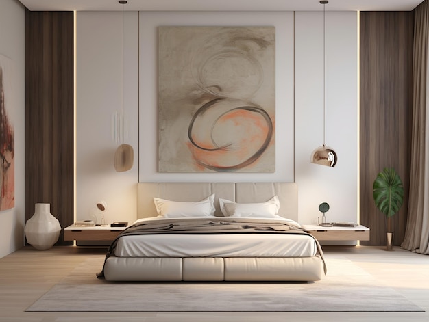 Interior de un diseño de dormitorio de lujo con lámparas de cama y pintura abstracta.