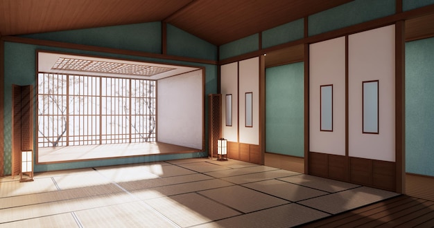 Interior, diseño de estilo japonés de la habitación EmptyMint. Representación 3D