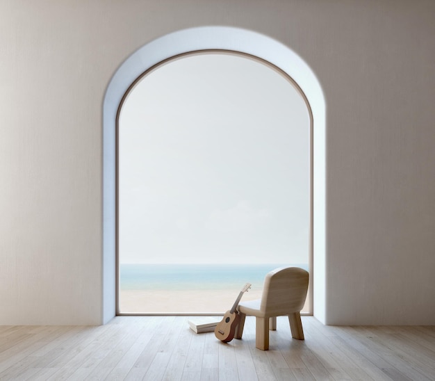 Interior de diseño minimalista Silla ukelele y ventana de arco con vista al mar