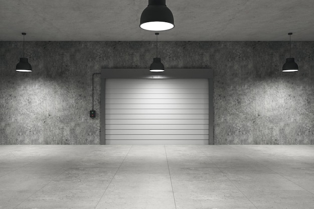 Interior do armazém vazio com portões de rolamento