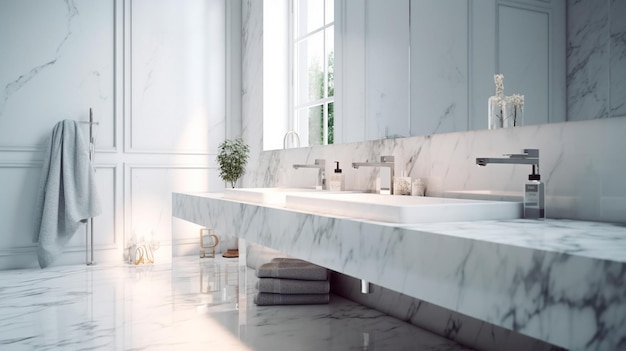 Interior do banheiro branco Tampo da mesa de mármore vazio para exibição do produto com fundo desfocado interior do banheiro arte digital ai Generative AI