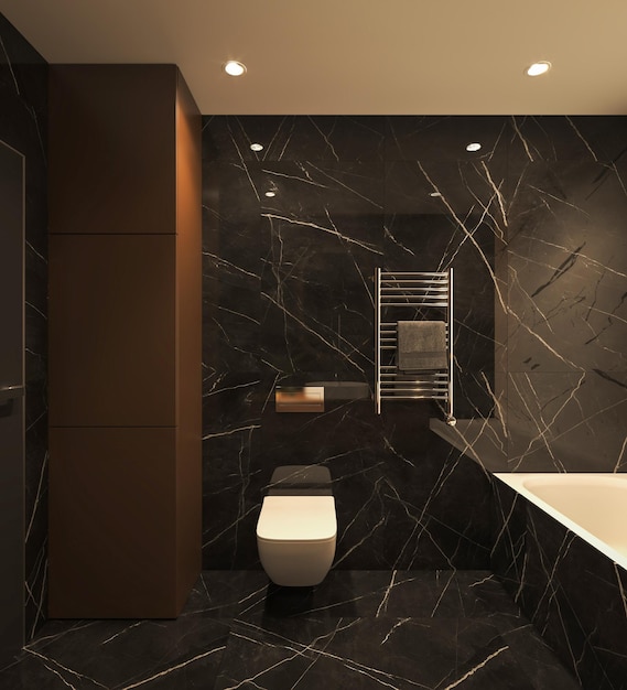 Interior do banheiro com design minimalista de mármore preto ilustração de renderização 3d de luxo moderno
