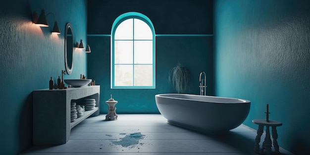 Interior do banheiro decorado com parede azul e banheira