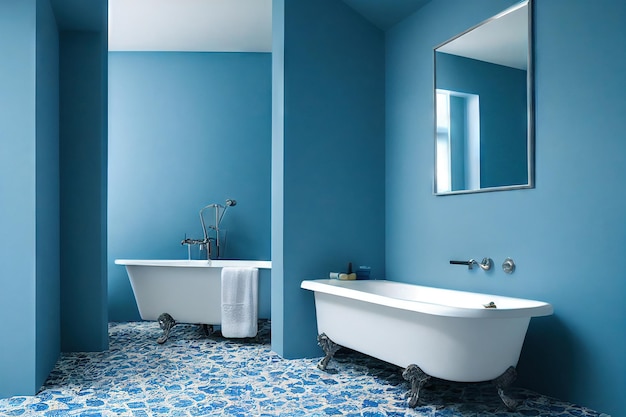 Interior do banheiro em tons azuis delicados com dois banhos em pés torcidos