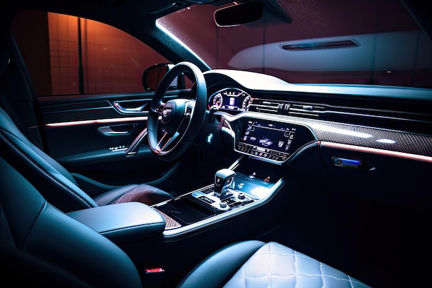 Interior do carro de luxo com iluminação ambiente de assentos de couro e sistema de infoentretenimento com tela sensível ao toque