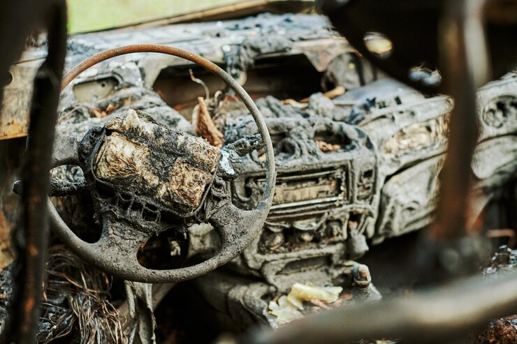 Foto interior do carro queimado close-up fogo no veículo dispara carro de automóvel queimado fogo no veículo devido a curto-circuito incêndio criminoso fumo de fogo danificado veículo motorizado